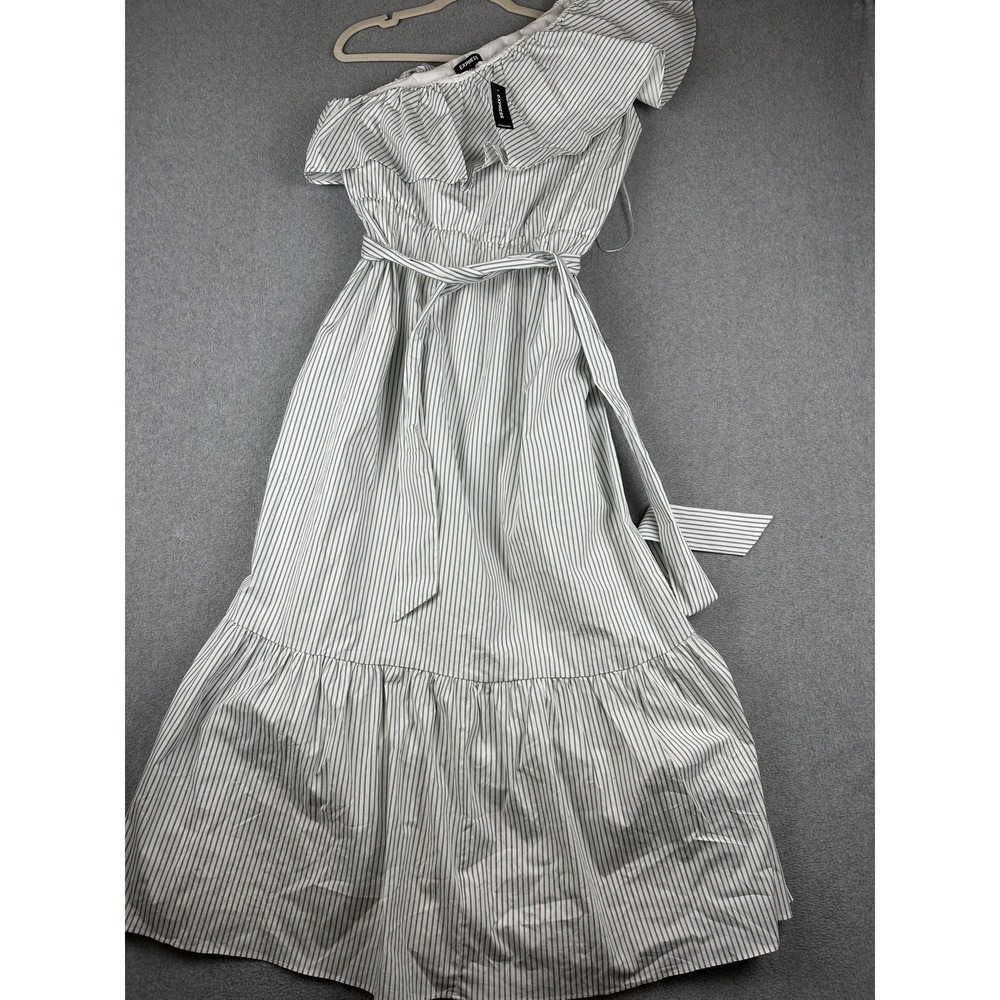 Express Dress Womens XL White Stripe One Shoulder Ruffle Fit Flare Sundress NWT
